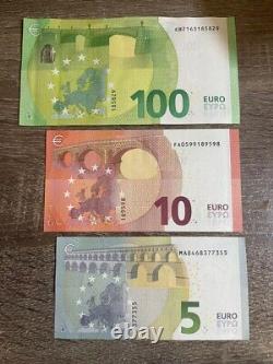 3 Banknotes 100+10+5 euro Circulated. 100-10-5 EUR Bills. Currency Europe