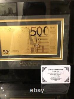 Gold plated 500 euro bill in a frame under glass for a gift or collectible
