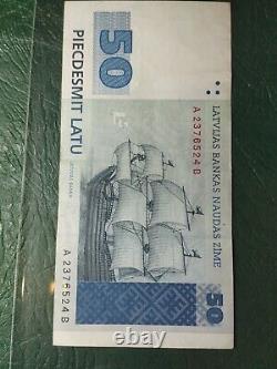 Latvia 50 Latu P-46 1992 Euro Sailing Ship Key Cross Currency Bill Bank Note Vf