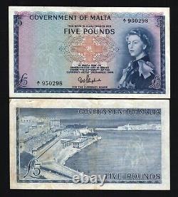 Malta 5 Pounds P-27 1961 Queen Au- Pre Euro Rare Currency Money Bill Bank Note