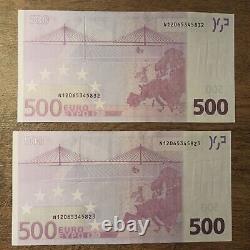 Two 500 Euro notes very close numbers 2002 N serie Excellent condition Draghi